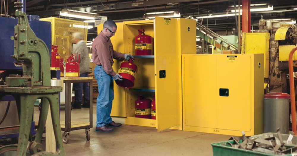 How to Choose a Flammable Storage Cabinet Workier using a yellow flammable storage cabinet in a machine shop