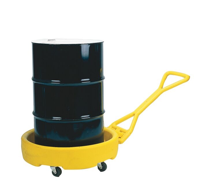 steel drum sits in plastic dolly with handle