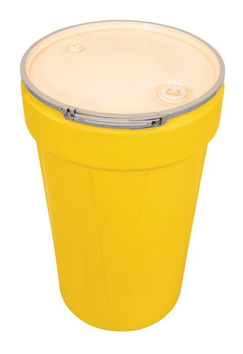 55 Gallon, Metal Lever-Lock, Lab Pack Open Head Plastic Barrel Drum with 1x2" and 1x3/4" Bung Holes, Yellow - 1655MBG