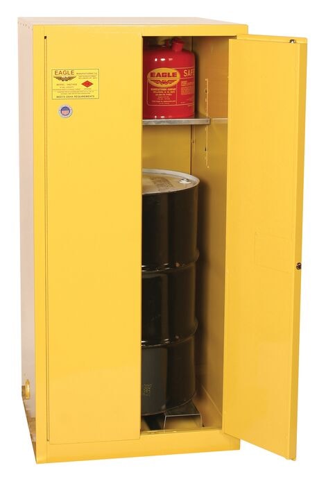 55 Gallon, 1 Drum, Vertical, 1 Shelf, 2 Door, Manual Close