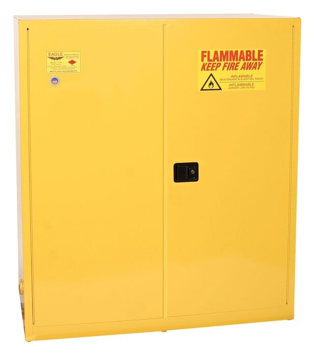 55 Gallon, 1 Drum, Vertical, 1 Shelf, 2 Door, Self Close, Safety